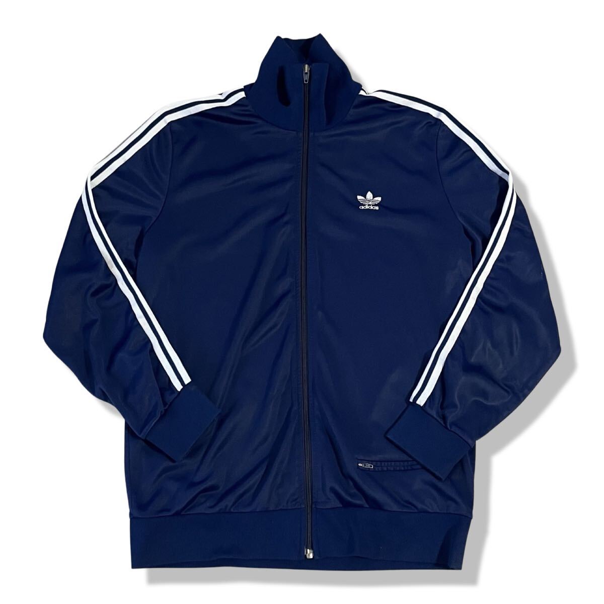 【ヴィンテージ】70s イングランド製 adidas(アディダス) 片ポケット トラックジャケット ネイビー M〜L トレフォイルロゴ ジャージ 激レア_画像1