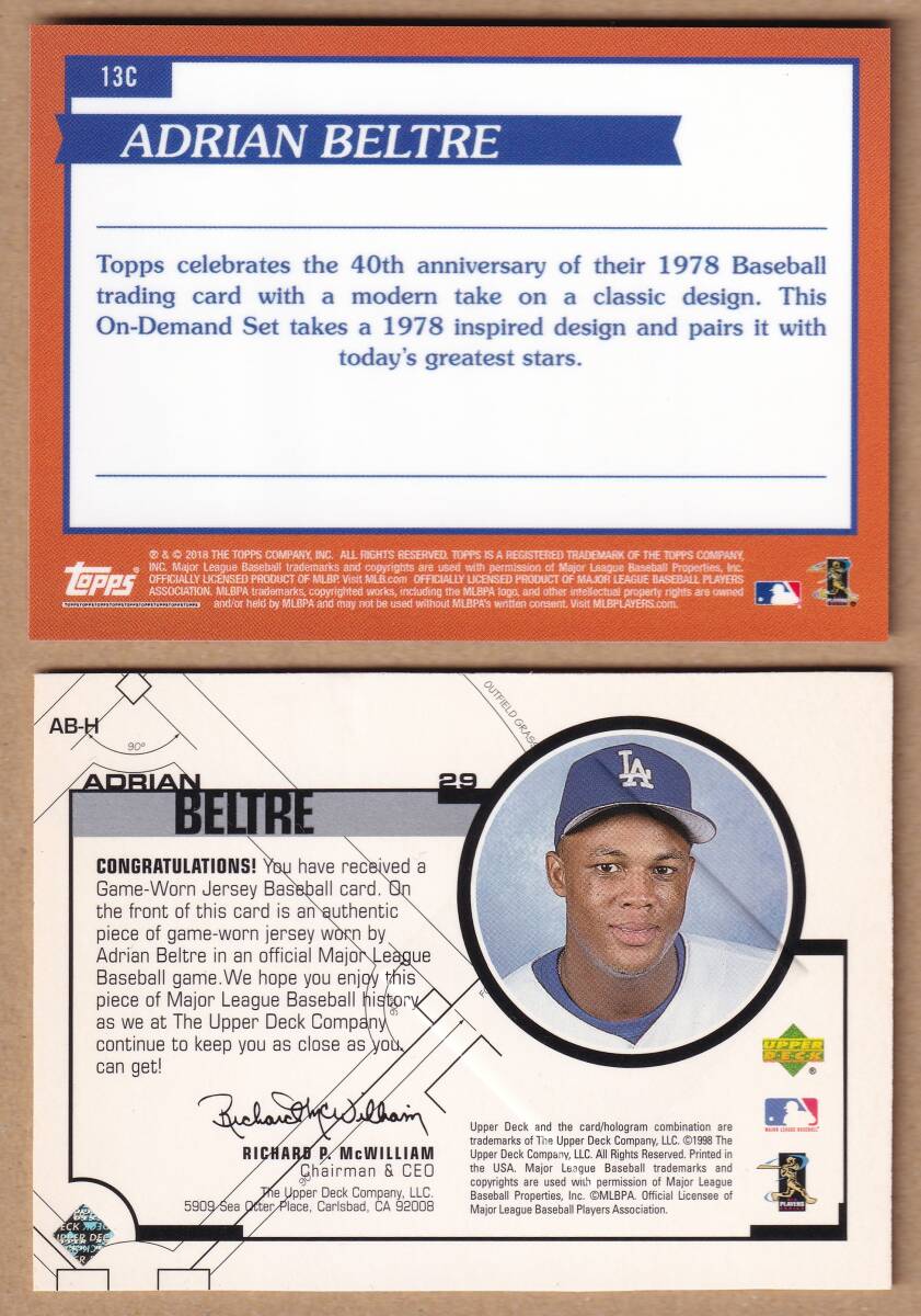 【エイドリアン・ベルトレ】1999 UPPER DECK GAME JERSEY / 10枚限定 2018 TOPPS ON DEMAND INSPIRED BY 1978 DESIGN【ADRIAN BELTRE】_画像3