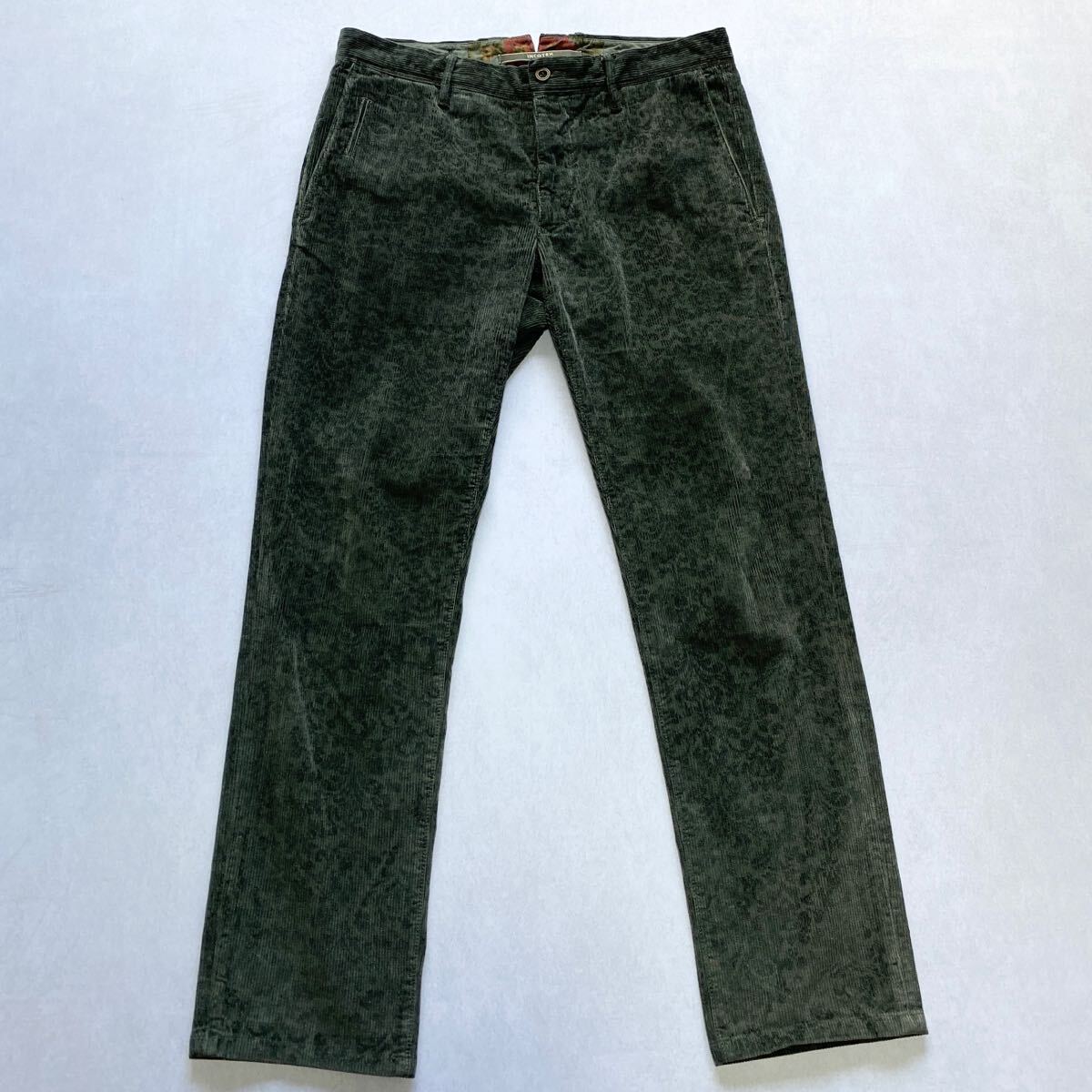 9754 美品!! INCOTEX SLACKS インコテックス 正規品 総柄 コーデュロイ トラウザー パンツ スラックス 美シルエット グリーン 緑 M相当!!の画像2