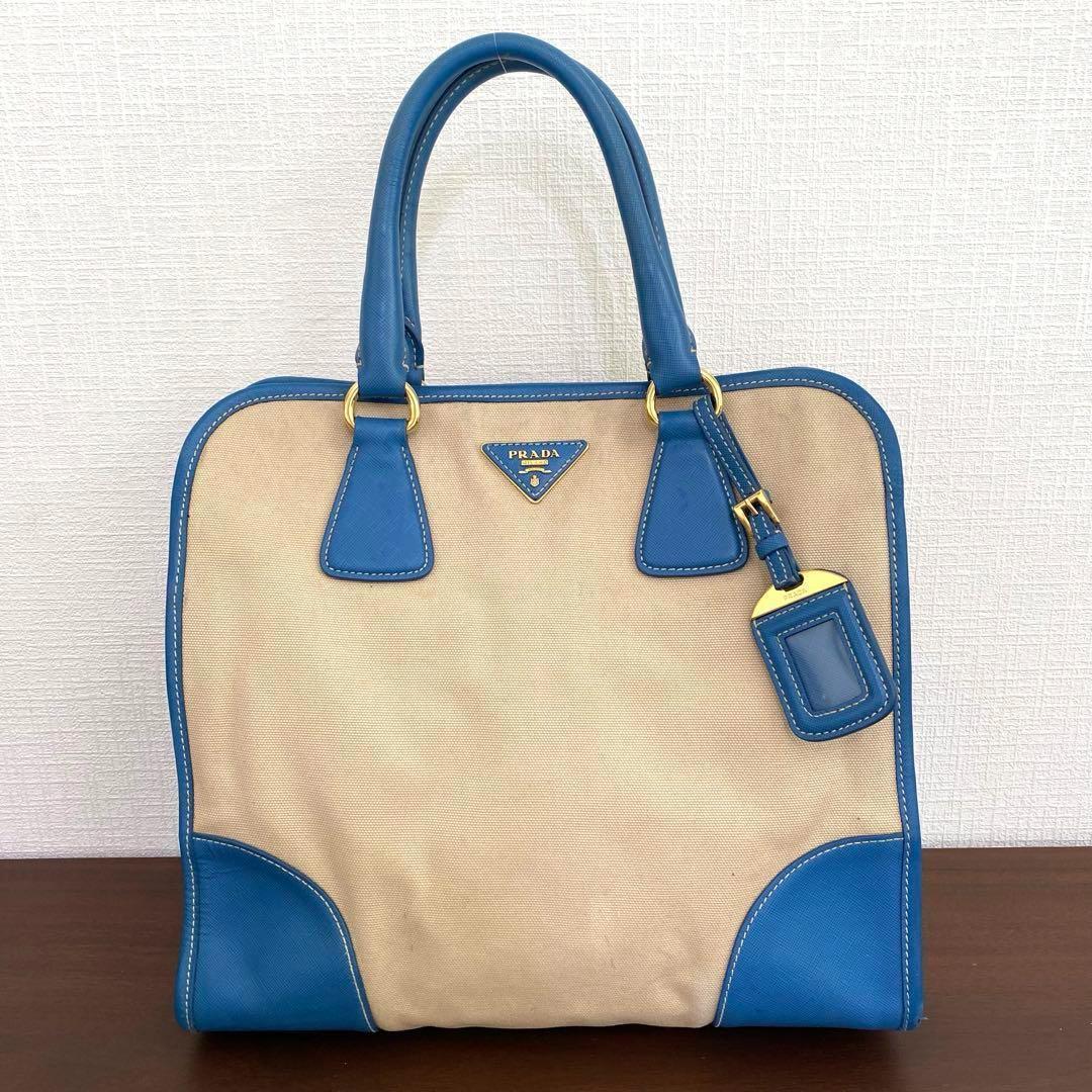 PRADA プラダ ハンドバッグ トートバッグ ブルー キャンバス レザー 2-25281_画像2