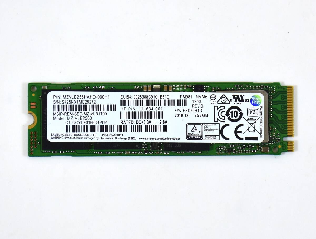 SAMSUNG M.2 2280 NVMe SSD 256GB /健康状態100%/累積使用950時間/PM981/動作確認済み, フォーマット済み/中古品 _画像1