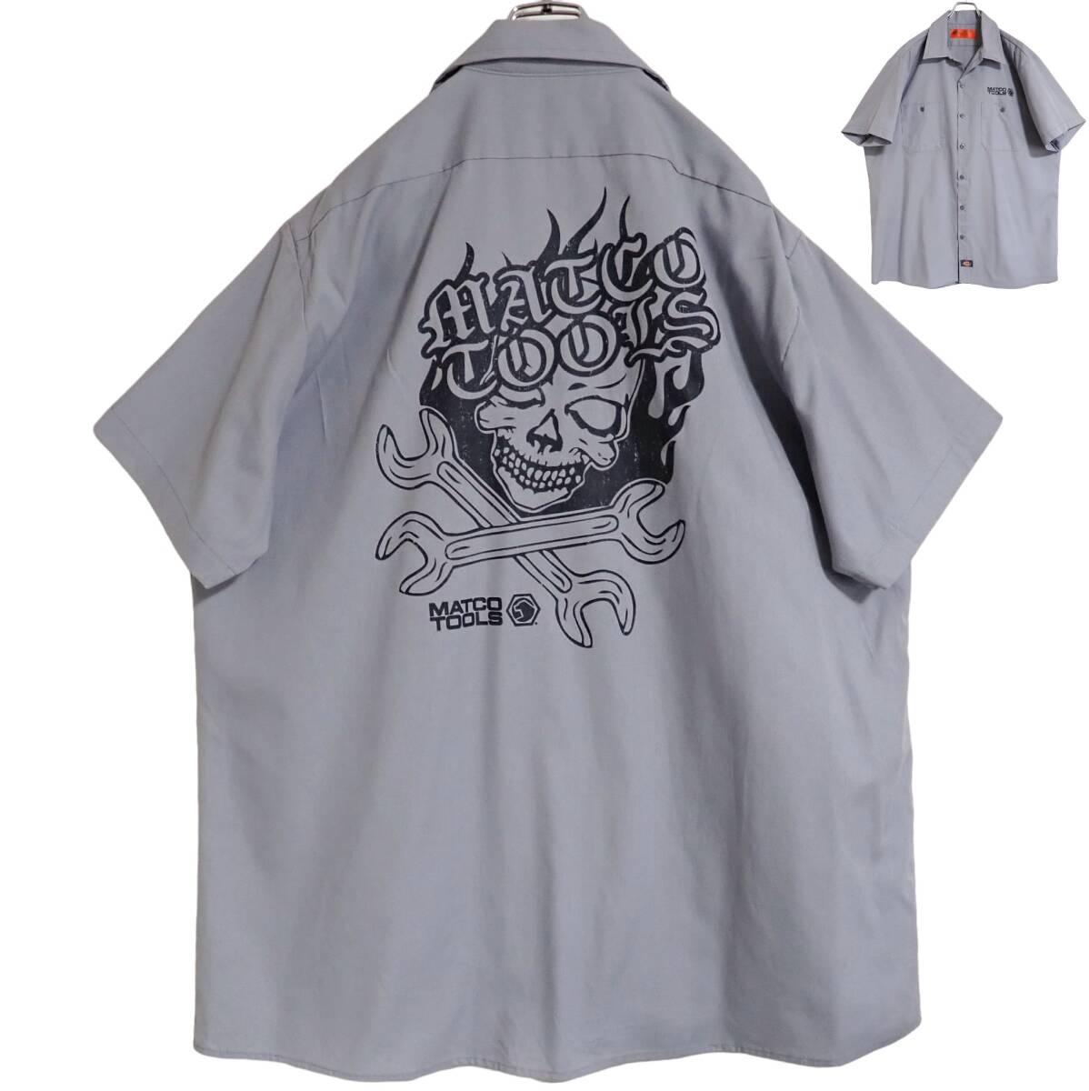 5476/美品 Dickies 半袖ワークシャツ XL●洗濯プレス済●ネコポス可●MATCO TOOLS スカル スパナ 骸骨 髑髏 ドクロ ディッキーズ古著