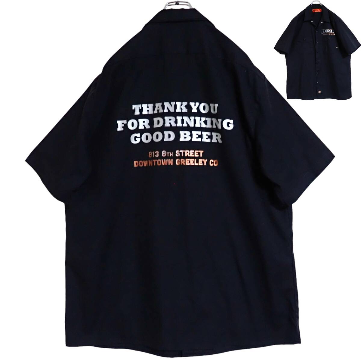 5485/Dickies 半袖ワークシャツ XL●洗濯プレス済●ネコポス可●BRIX TAPHOUSE & BREWERY DRINKING BEER ディッキーズ古着_画像1