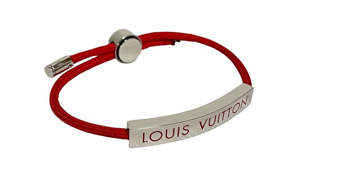 1 jpy * ultimate beautiful goods box attaching * Louis Vuitton * brass re* Space *LV Logo bracele red × silver cord red bangle men's M01127