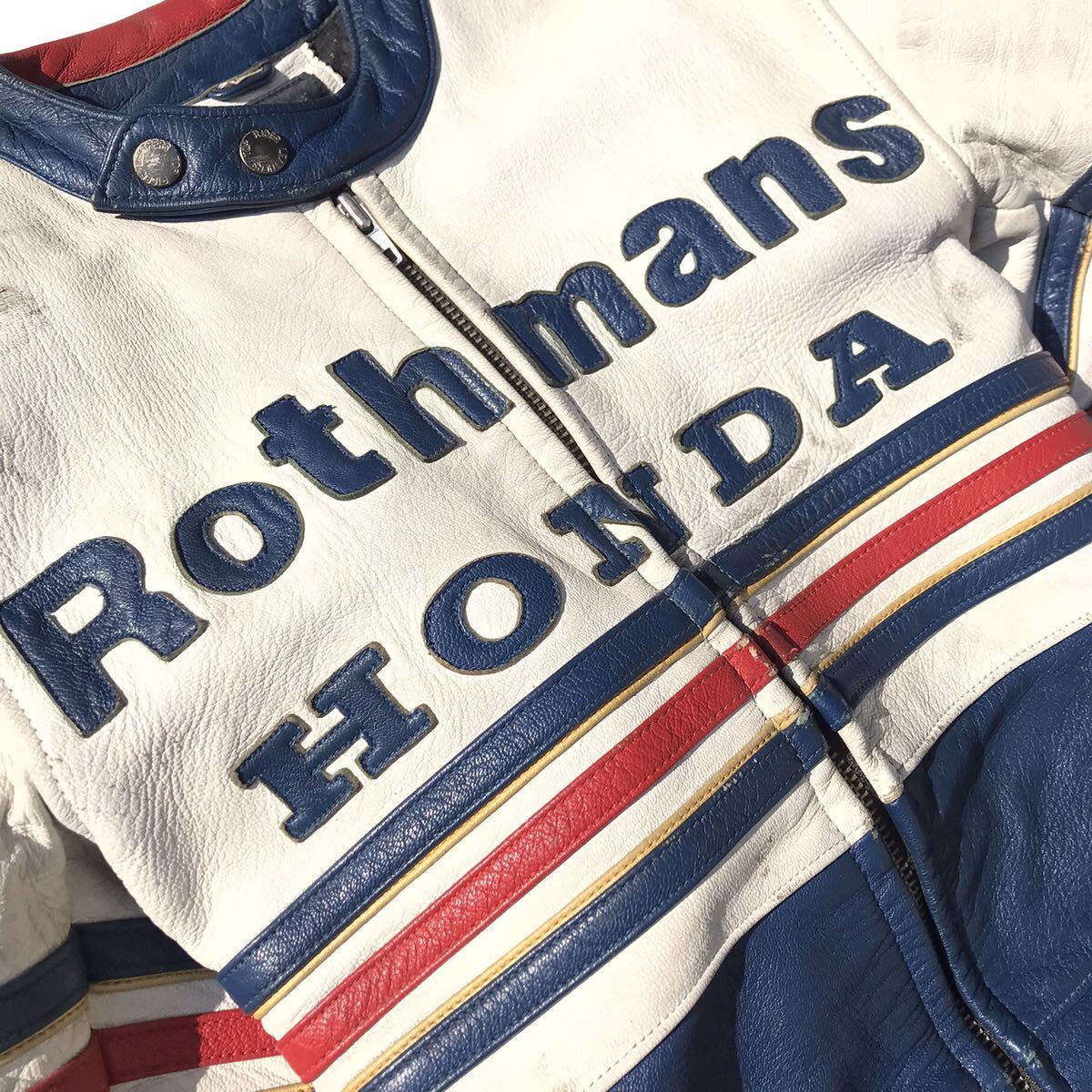 ロスマンズホンダレーシングスーツ Mサイズ 当時物 走り屋 革ツナギ バイクつなぎ Rothmans ナンカイ ロスマンズカラー NSR Hondaの画像1