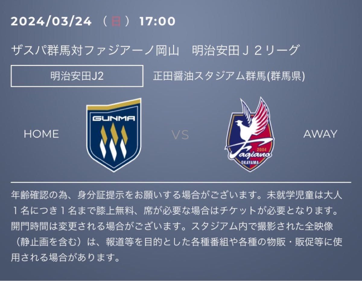 ザスパ群馬vsファジアーノ岡山  バック自由席  チケット2枚