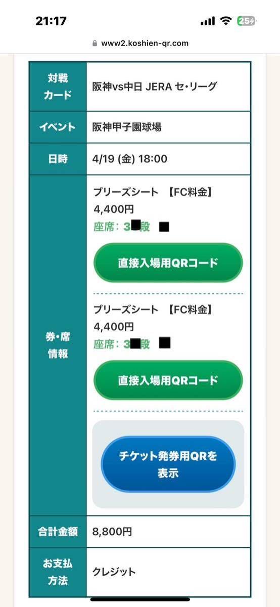 阪神VS中日 甲子園 ブリーズシート チケット-