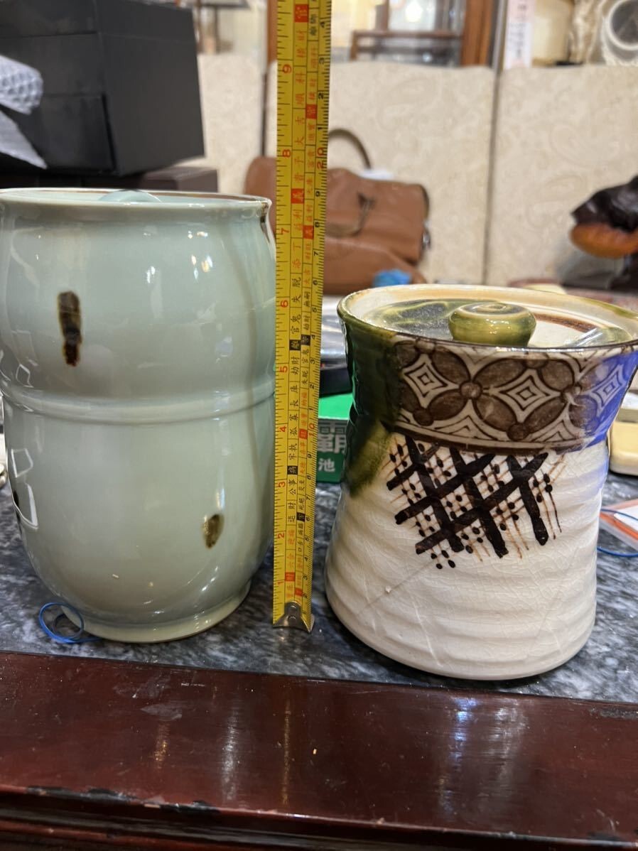 FJ0806 水指 染付 京焼 萩焼 煎茶道具 2個 まとめ売り 在銘_画像3