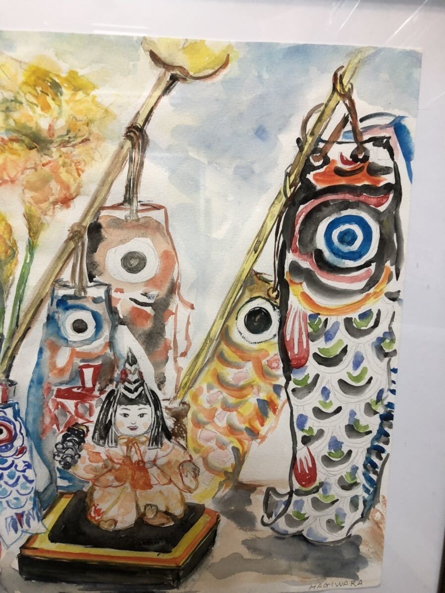 送料無料 萩原光子 絵画 子供の日 鯉のぼり 真作 水彩 550x458 サイズ カラー金 額縁 HTの画像3