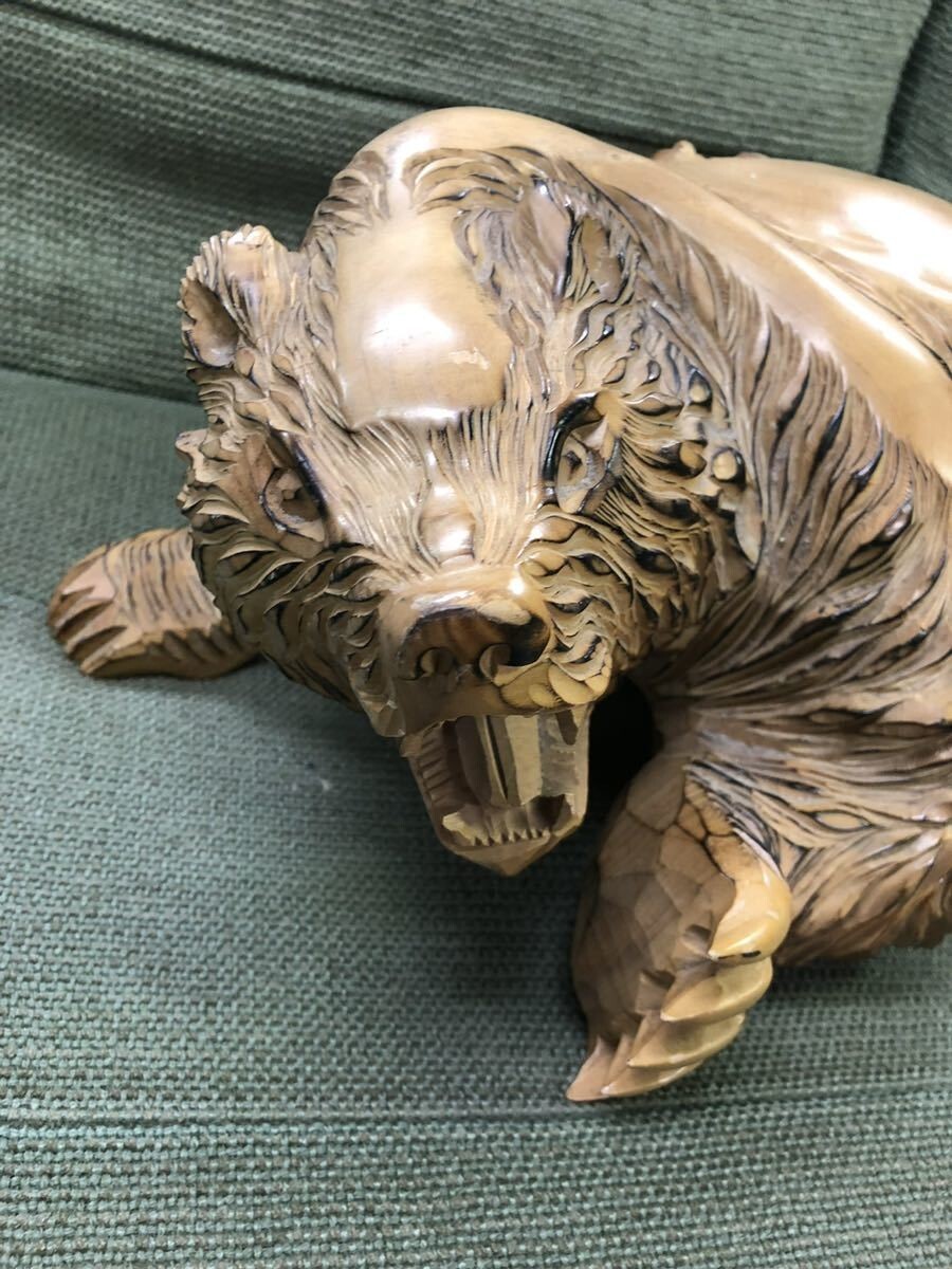 FJ0701 木彫り 熊 くま 置物 木彫りの熊 木工芸 伝統工芸 彫刻 口を開けた熊_画像1