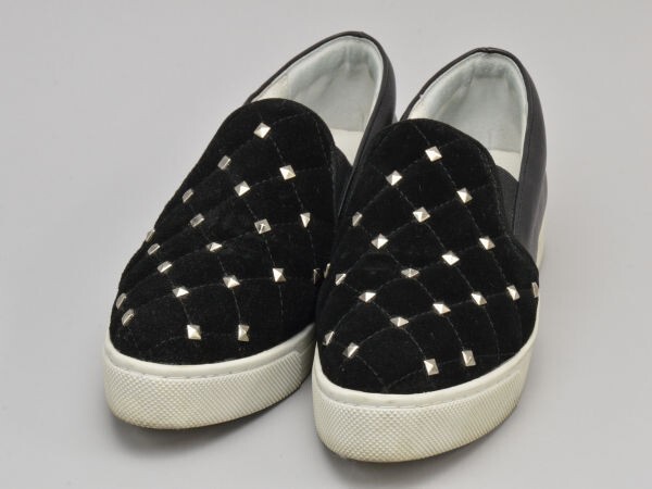 ルネ Rene Slip-onTweedy 牛革×スウェードレザー スタッズ スリッポン/スニーカー 24.0cm ブラック レディース F-LSHOE4593_画像1