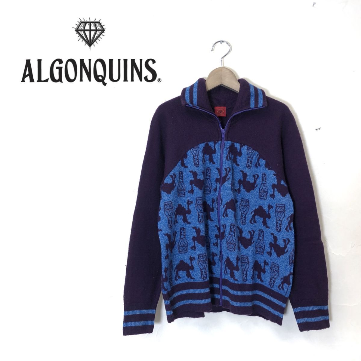 M81-O-N◆日本製◆ ALGONQUINS アルゴンキン ニットジャケット 総柄 上着 ジップアップ トップス◆ウール パープル_画像1