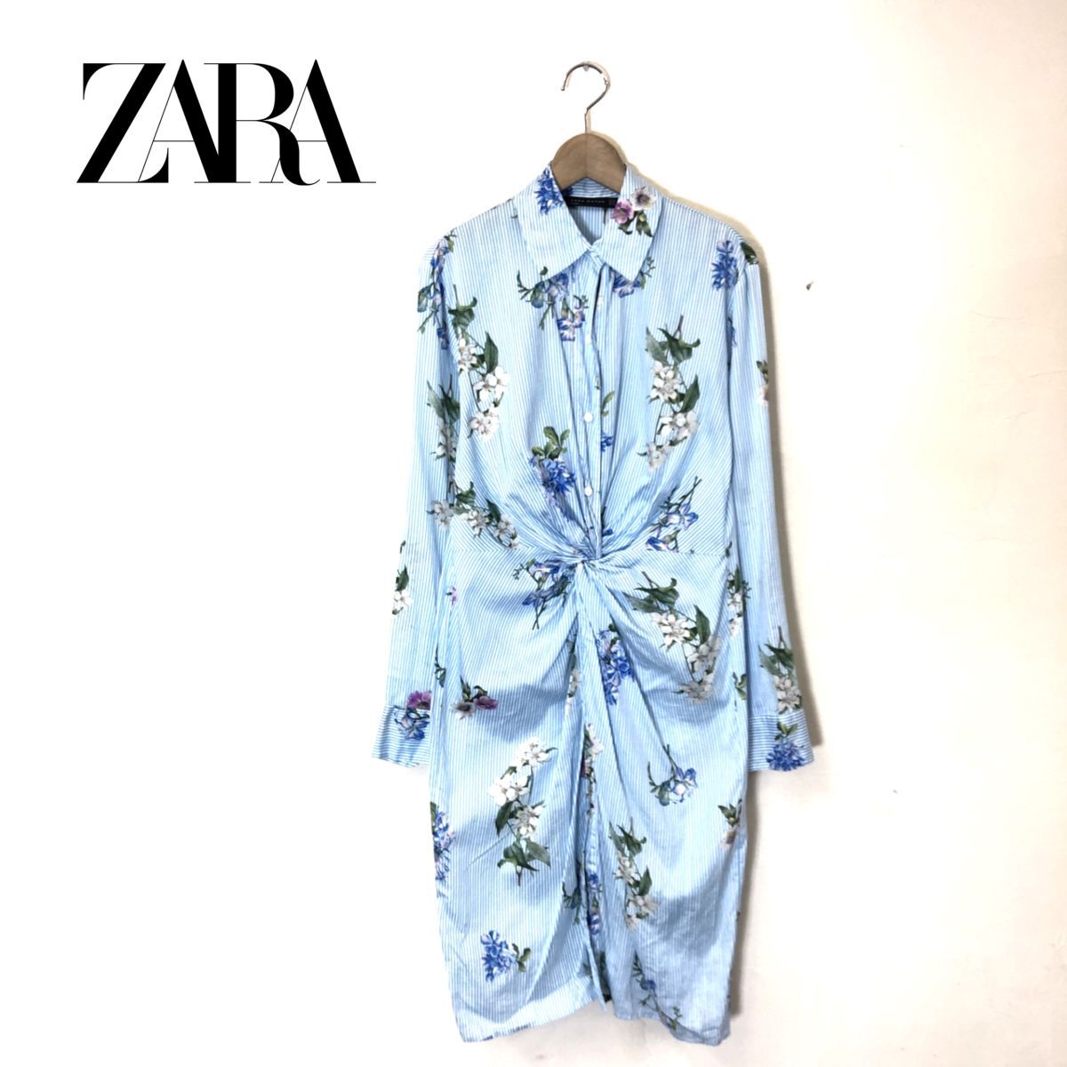 F2410-T◆ZARA シャツワンピース ロングスリーブ ストライプ 花柄 ステッチ◆sizeXS ブルー レディース トップス コットン100_画像1