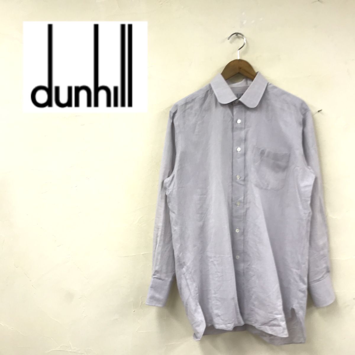 M761-G◆dunhill ダンヒル ワイシャツ◆sizeL 綿 麻 日本製 グレー 無地 メンズ トップス 長袖 スーツ シンプル フォーマル ポケット 刺繍_画像1