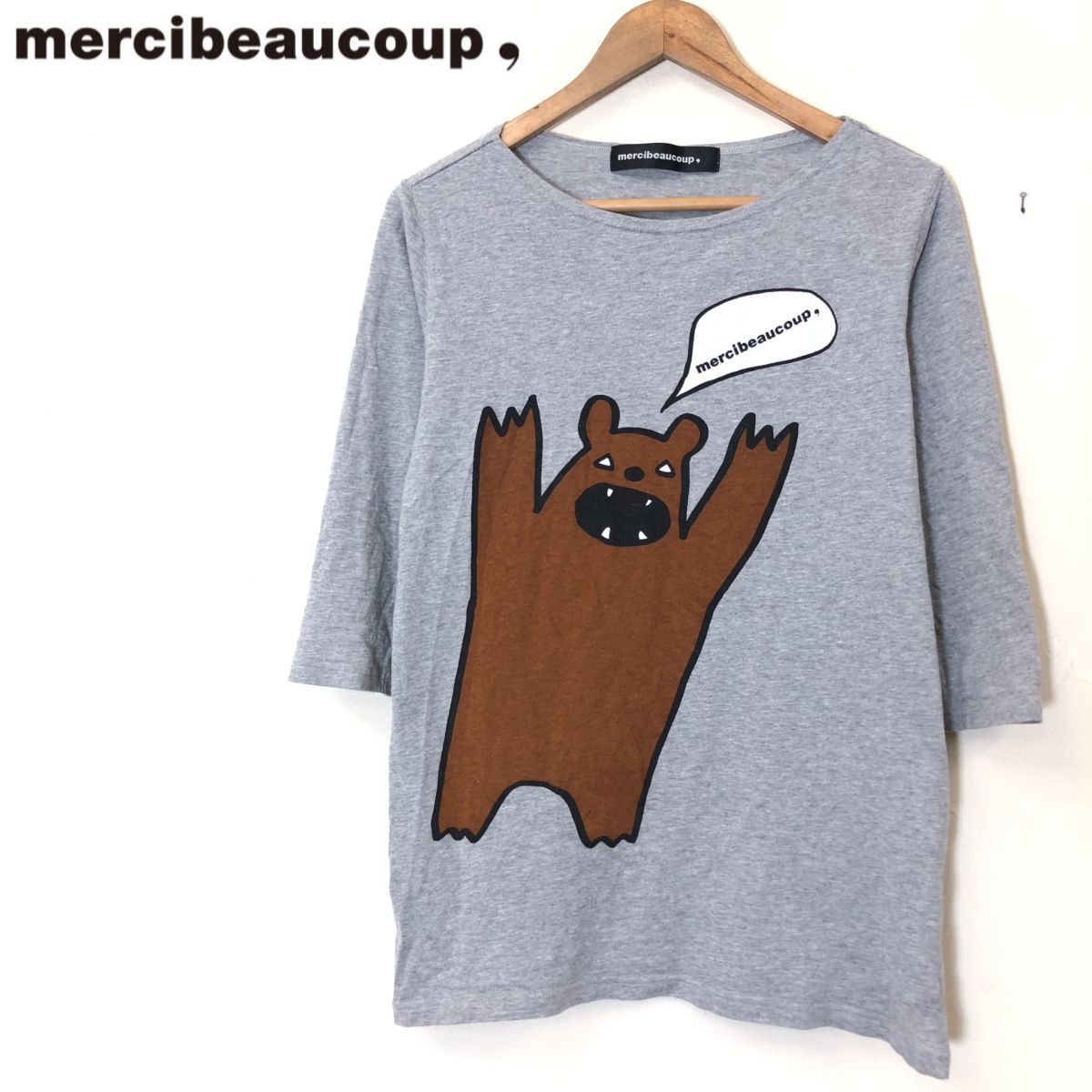 M724-F-N◆ mercibeaucoup メルシーボークー Tシャツ カットソー 七分丈 プリント ◆ size1 コットン100 グレー 古着 レディース 春の画像1