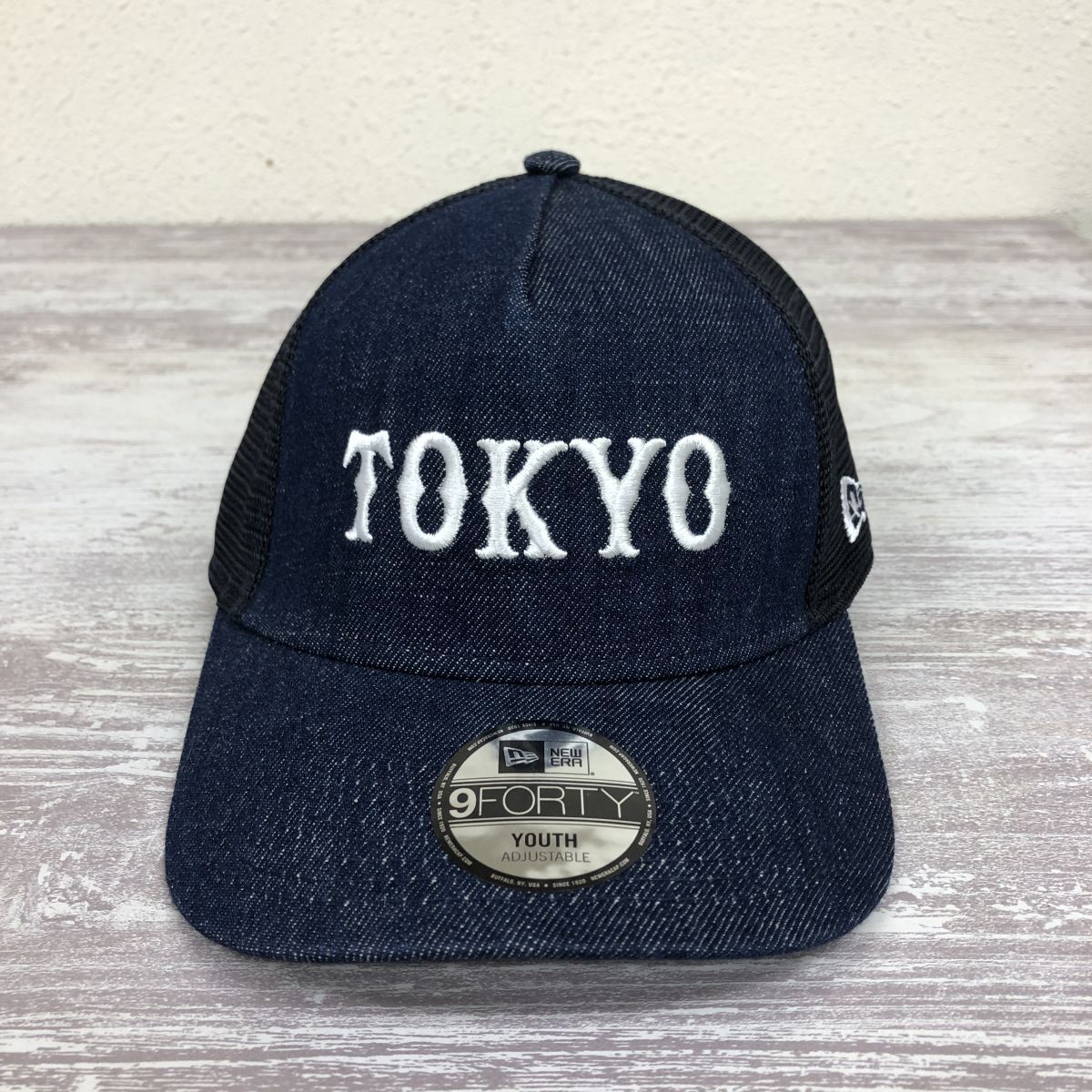 M232-U◆未使用◆NEWERA YOUTH ニューエラユース キャップ デニム生地 メッシュ 野球 GIANTS◆size 頭周り 約54cm インディゴブルー 綿_画像2