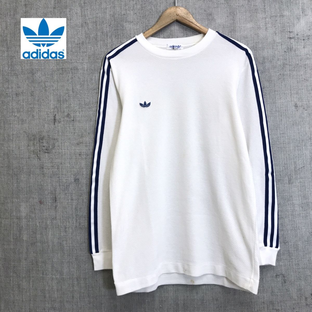 M1370-N◆70s~◆ Vintage adidas アディダス 長袖Tシャツ カットソー 3ストライプ トレフォイル◆sizeL ホワイト ブルー ポリエステル 綿_画像1