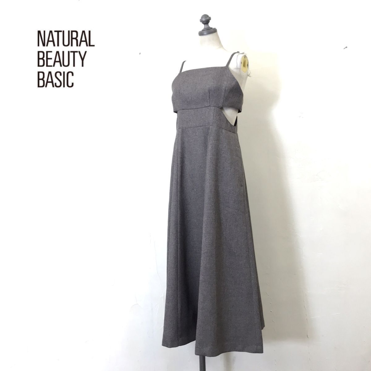 M1152-N◆美品◆ 23年製 NATURAL BEAUTY BASIC ナチュラルビューティーベーシック キャミワンピース ロング ツイード調◆sizeM ブラウン系_画像1