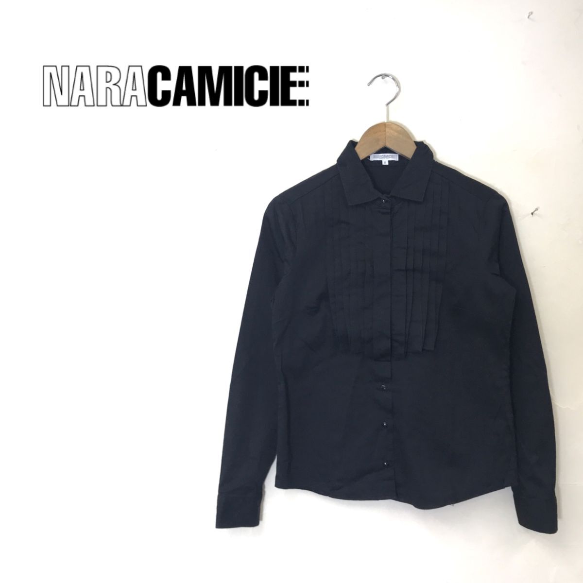 M1450-G◆美品◆nara camicie ナラカミーチェ シャツ◆size0 コットン ブラック 無地 レディース トップス 長袖 シンプル カジュアル 黒色_画像1