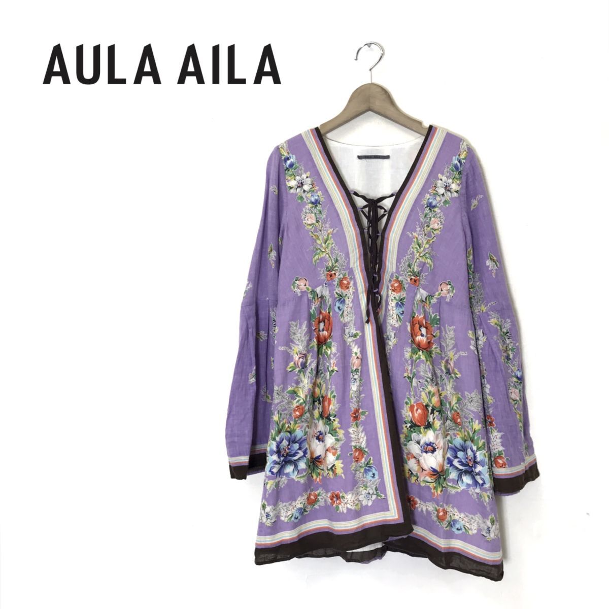 M1299-O◆良品◆ AULA AILA アウラアイラ チュニック シャツ 総柄 レースアップ リボン 花柄 エスニック◆size0 コットン パープル_画像1