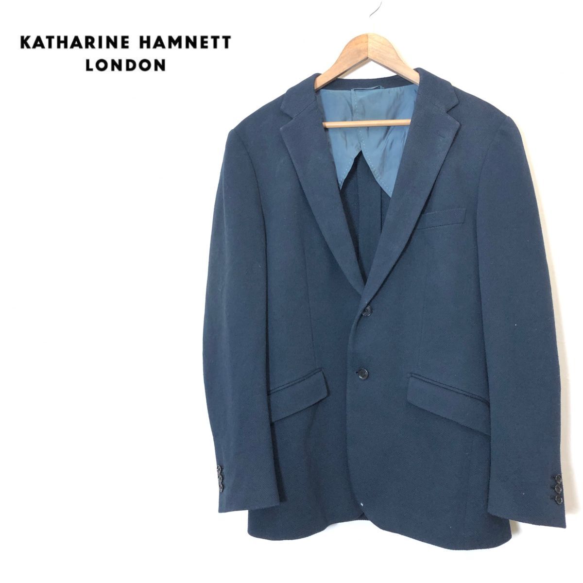 M1247-F◆ KATHARINE HAMNETT LONDON キャサリンハムネット テーラードジャケット シングル ◆ sizeXL コットン ポリ ネイビー 古着 メンズ_画像1