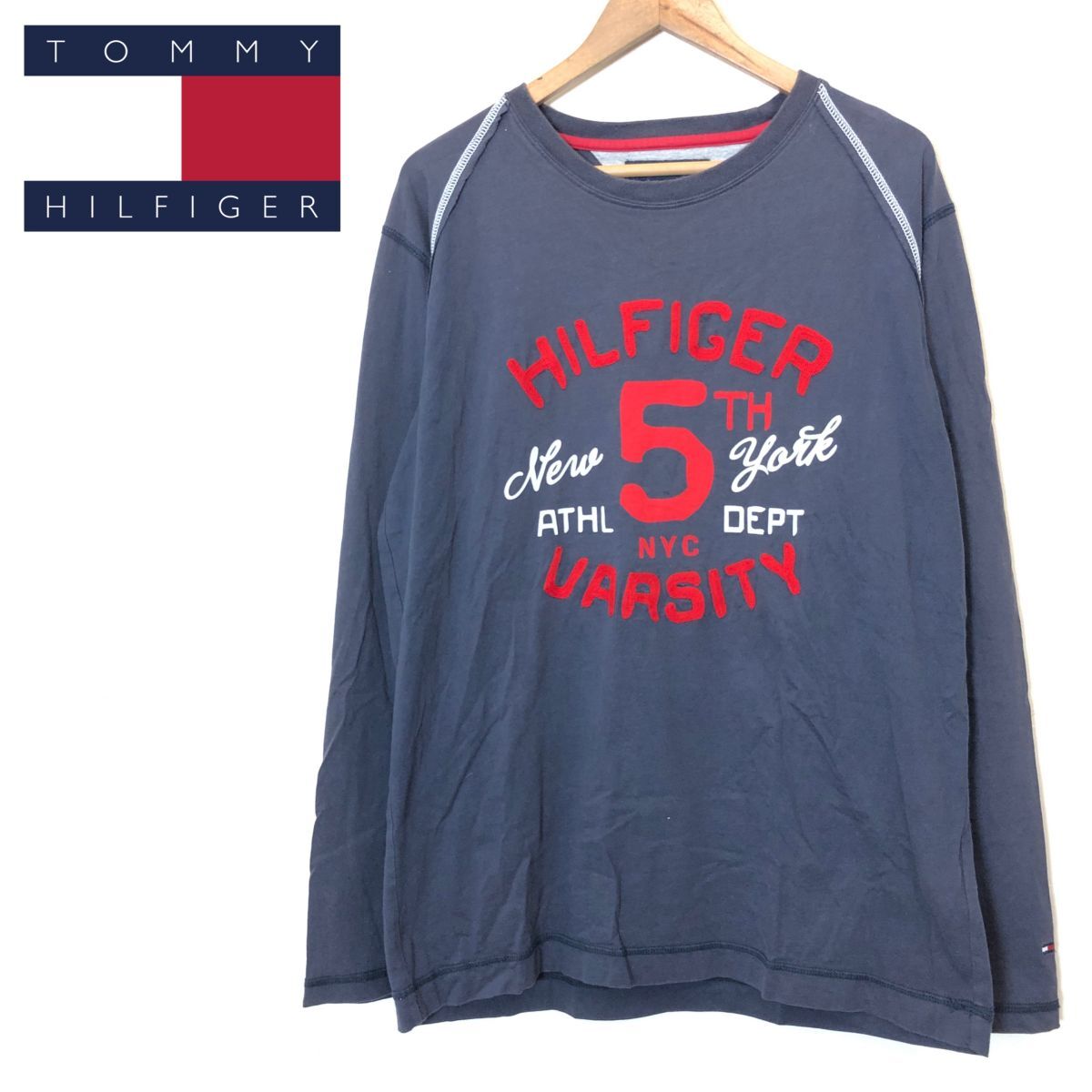 M1231-F◆ TOMMY HILFIGER トミーヒルフィガー 長袖Tシャツ カットソー ロゴプリント ◆ sizeXL コットン100 ネイビー 古着 メンズ 春_画像1