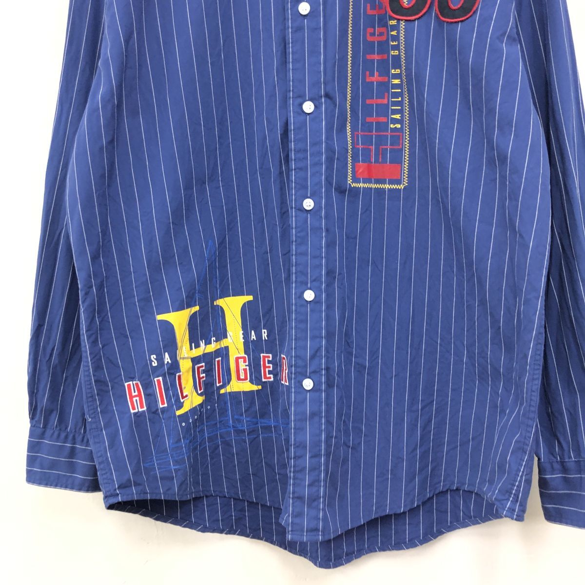 M947-F◆ TOMMY HILFIGER トミーヒルフィガー 長袖シャツ ストライプ ロゴ刺繍 ◆ sizeM コットン100 ネイビー 古着 メンズ 春_画像4