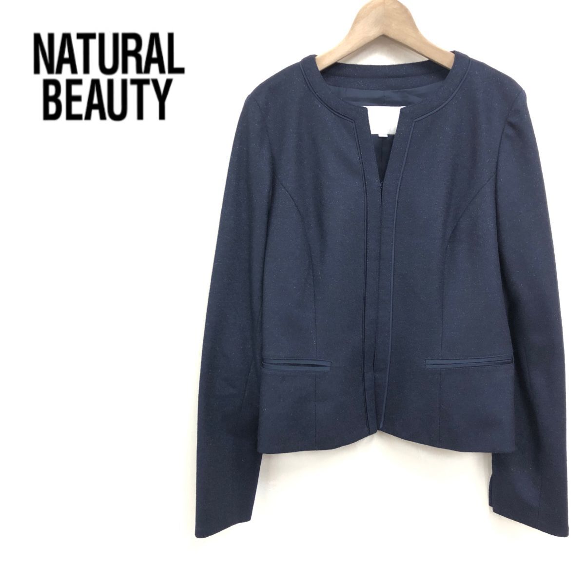 M1120-J◆日本製 NATURAL BEAUTY ナチュラルビューティー ノーカラージャケット◆レディース 36 フォーマル 卒業式 入学式 ラメ入り 上着_画像1