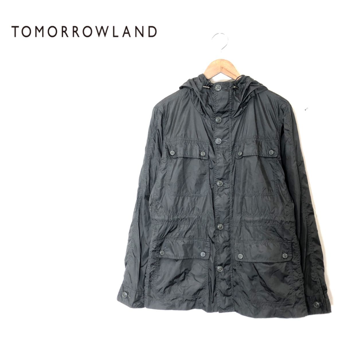 M1314-U-N◆TOMORROWLAND トゥモローランド ナイロンジャンパー シャカシャカ素材 ポケット多め フード 無地◆size M カーキ ナイロン_画像1