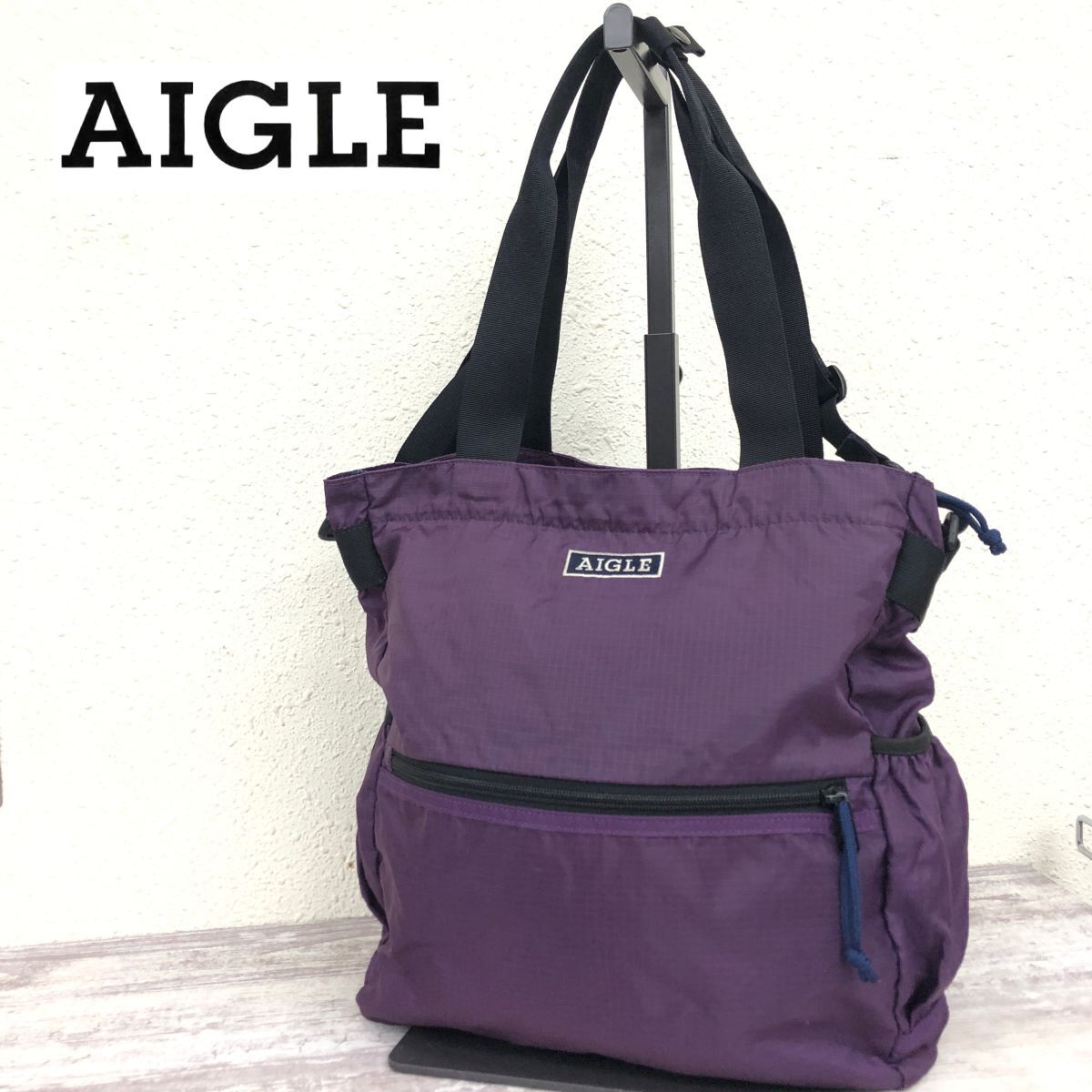 M1093-T◆AIGLE エーグル ナイロンバッグ トートバッグ チェック柄 ステッチ 刺繍ロゴ◆sizeO パープル ユニセックス カバン_画像1