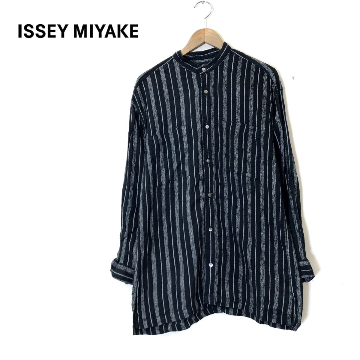 M1532-N◆old◆ IM ISSEY MIYAKE イッセイミヤケ ノーカラーシャツ 長袖 メンズ トップス ◆ sizeM ブラック ストライプ シルク コットン_画像1