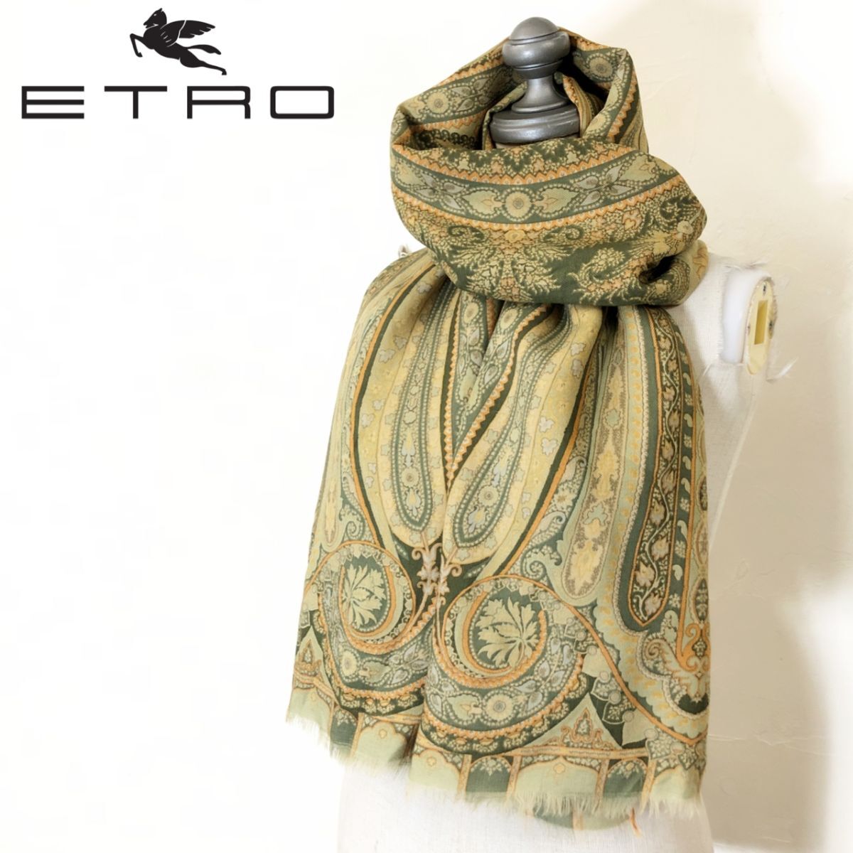 M1878-F◆ イタリア製 ◆ ETRO エトロ 総柄ストール マフラー ペイズリー ◆ 68×160cm ウール シルク グリーン レディース 春_画像1