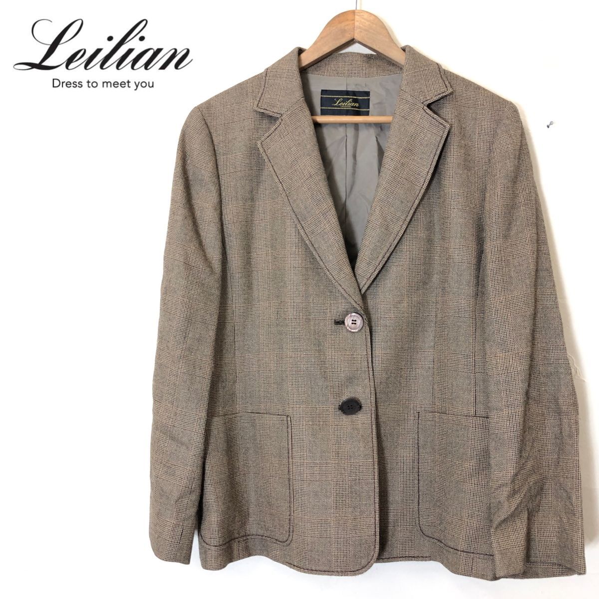 M1603-F◆ 美品 ◆ Leilian レリアン テーラードジャケット シングル 総裏 ◆ size13 ウール シルク ブラウン 古着 レディース 春の画像1