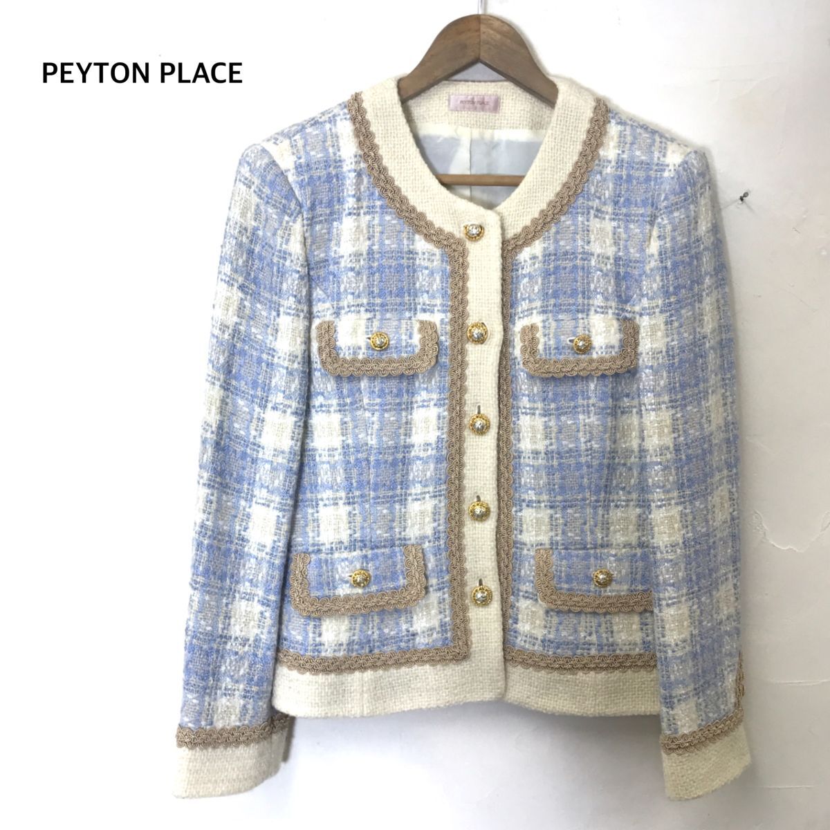 M1682-W◆良品◆PEYTON PLACE ペイトンプレイス ノーカラージャケット 裏地付き ツイード風 セレモニー◆ブルー系 アクリル ウール 他_画像1