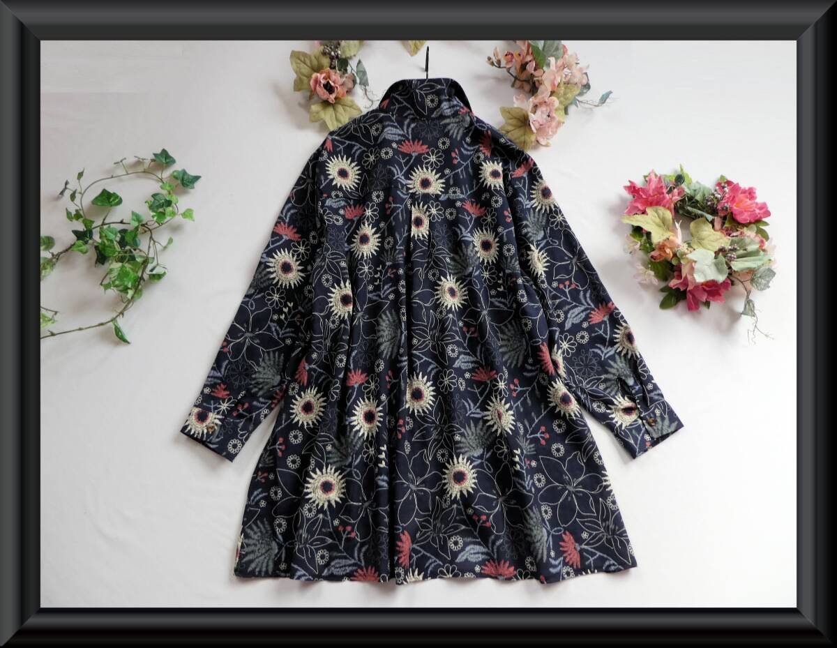 訳あり・Ｌ～ＬＬ/３Ｌ【新品】COTTON100％♪フラワー柄★ワイドシルエット★Aラインシャツチュニック◇ネイビー◆fit1027◆_画像8