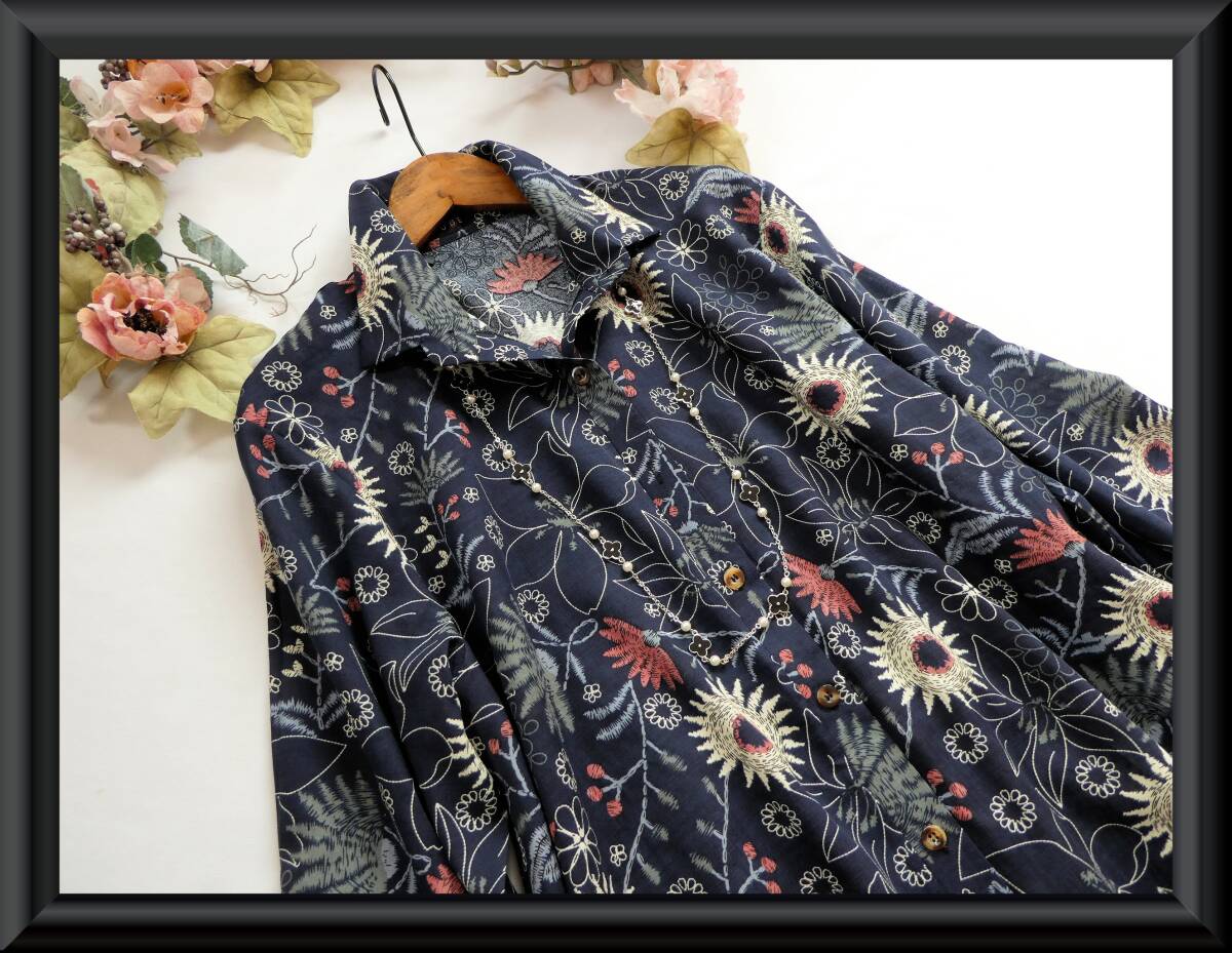 訳あり・Ｌ～ＬＬ/３Ｌ【新品】COTTON100％♪フラワー柄★ワイドシルエット★Aラインシャツチュニック◇ネイビー◆fit1027◆_画像3