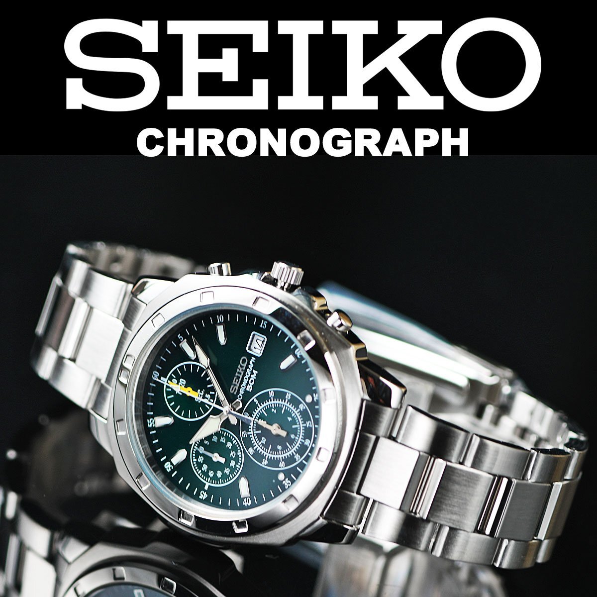 セイコー新品1円 逆輸入 エメラルドグリーン メーカー正規1年保証 50m防水 1/20秒クロノグラフ 腕時計 未使用 SEIKO メンズ_画像2