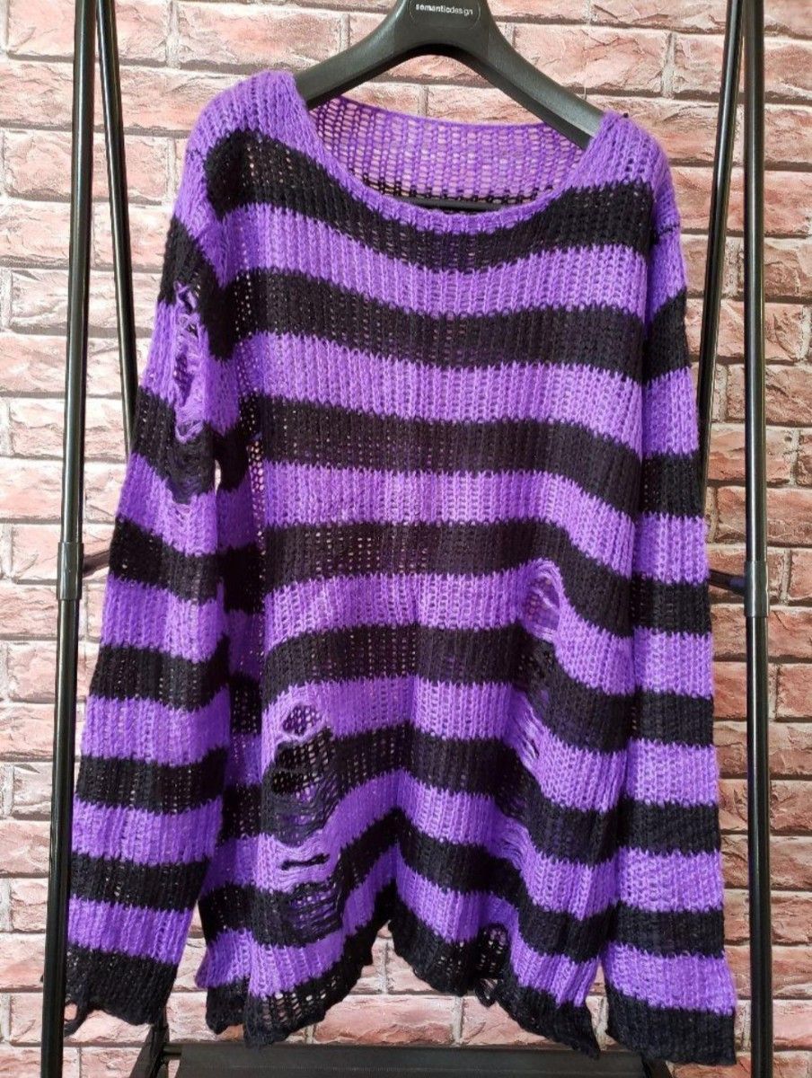 ダメージボーダ ーニットセーター 紫×黒 グランジ 韓国ファッション 地雷系