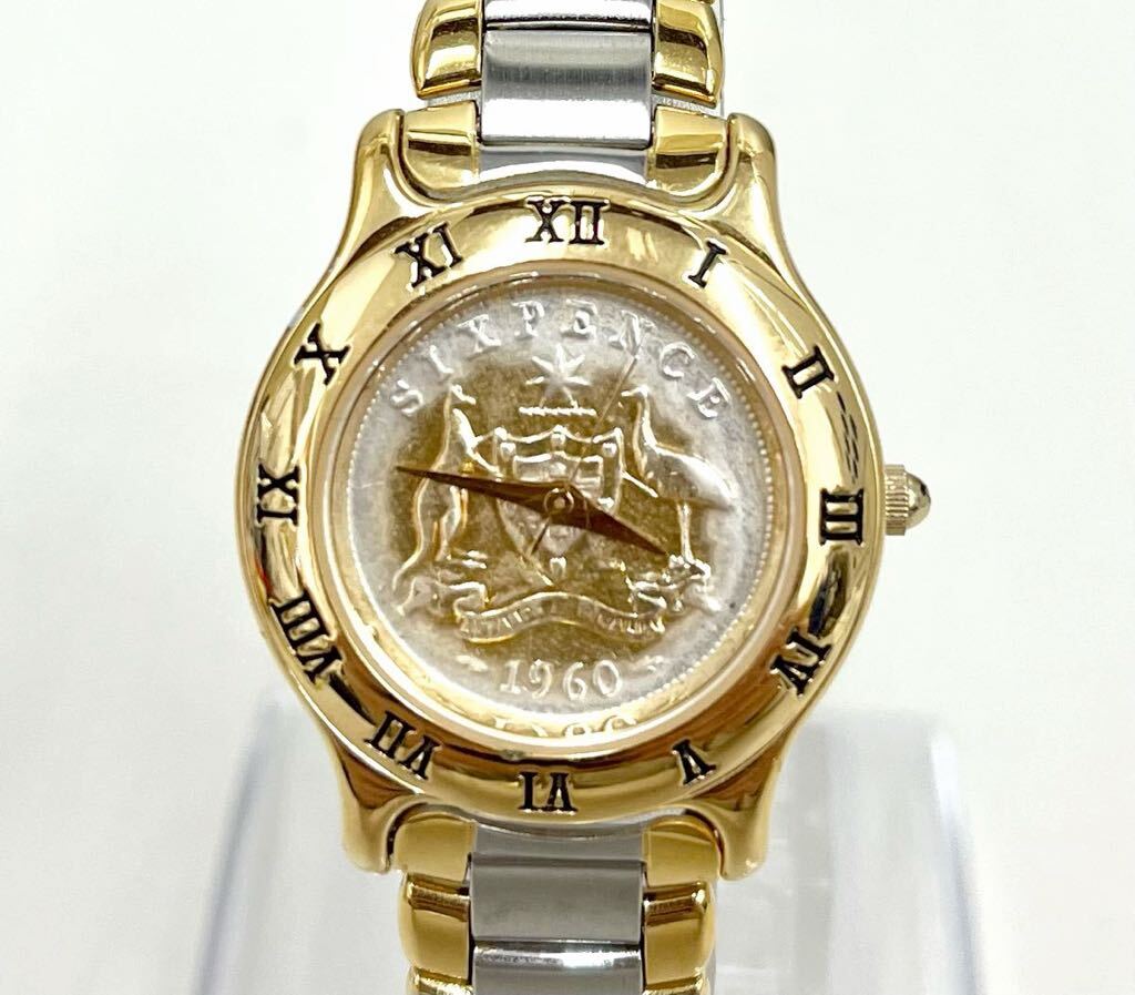 AK◆ SIXPENCE シックスペンス COIN WATCH コイン ウォッチ クオーツ 3針 レディース 腕時計 ゴールド×シルバー 現状品_画像1