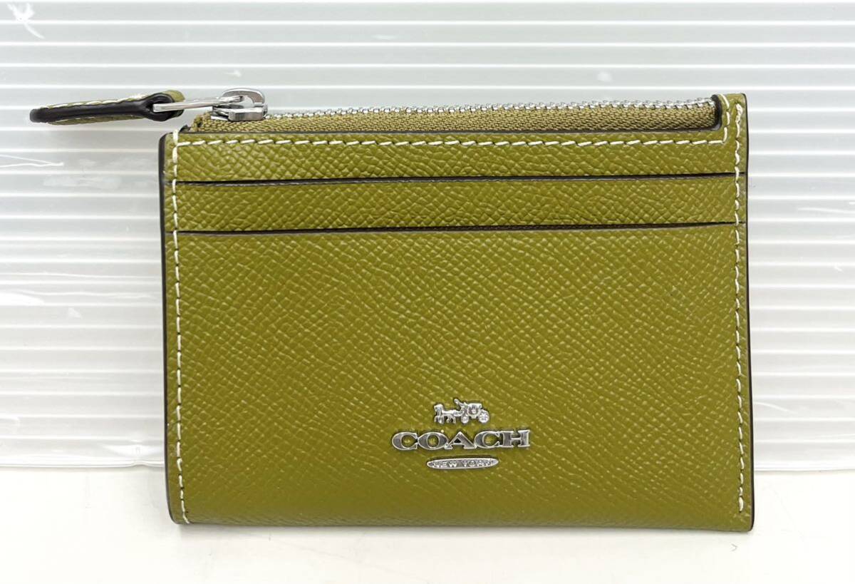 AK◆ 未使用 COACH コーチ コインケース クロスグレインレザー ミニ ID スキニー 88250 ポーチ カードケース グリーン系 キーリング 保護袋_画像2