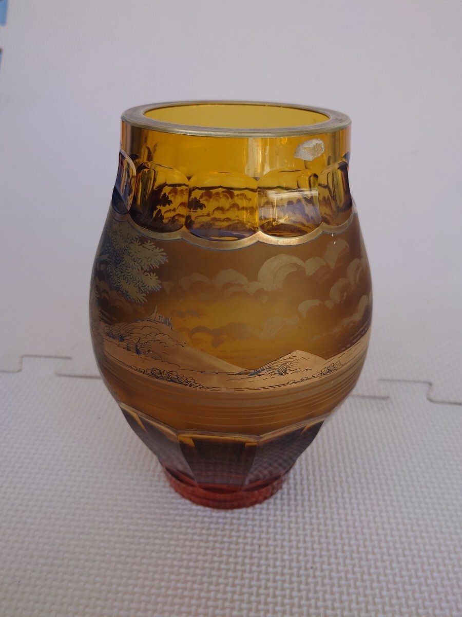 花器 花瓶 インテリア レトロ アンバーグラス 琥珀色 ガラス フラワーベース ボヘミアグラス 金彩_画像3