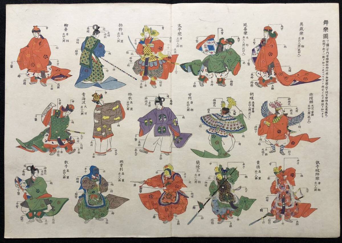 木版画【舞楽図】横大判 明治期 真作 □ 蘭陵王 万歳楽 延喜楽 木版画【舞楽図】横大判 明治期 真作 □ 蘭陵王 万歳楽 延喜楽