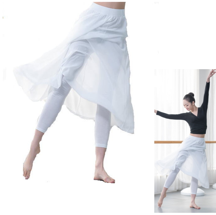 ダンス衣装 スカート付きパンツ(ホワイト-裾レギュラー) レギンス パンツ 体型カバー シフォン スパッツ レギパンcy5n-pa3_画像1