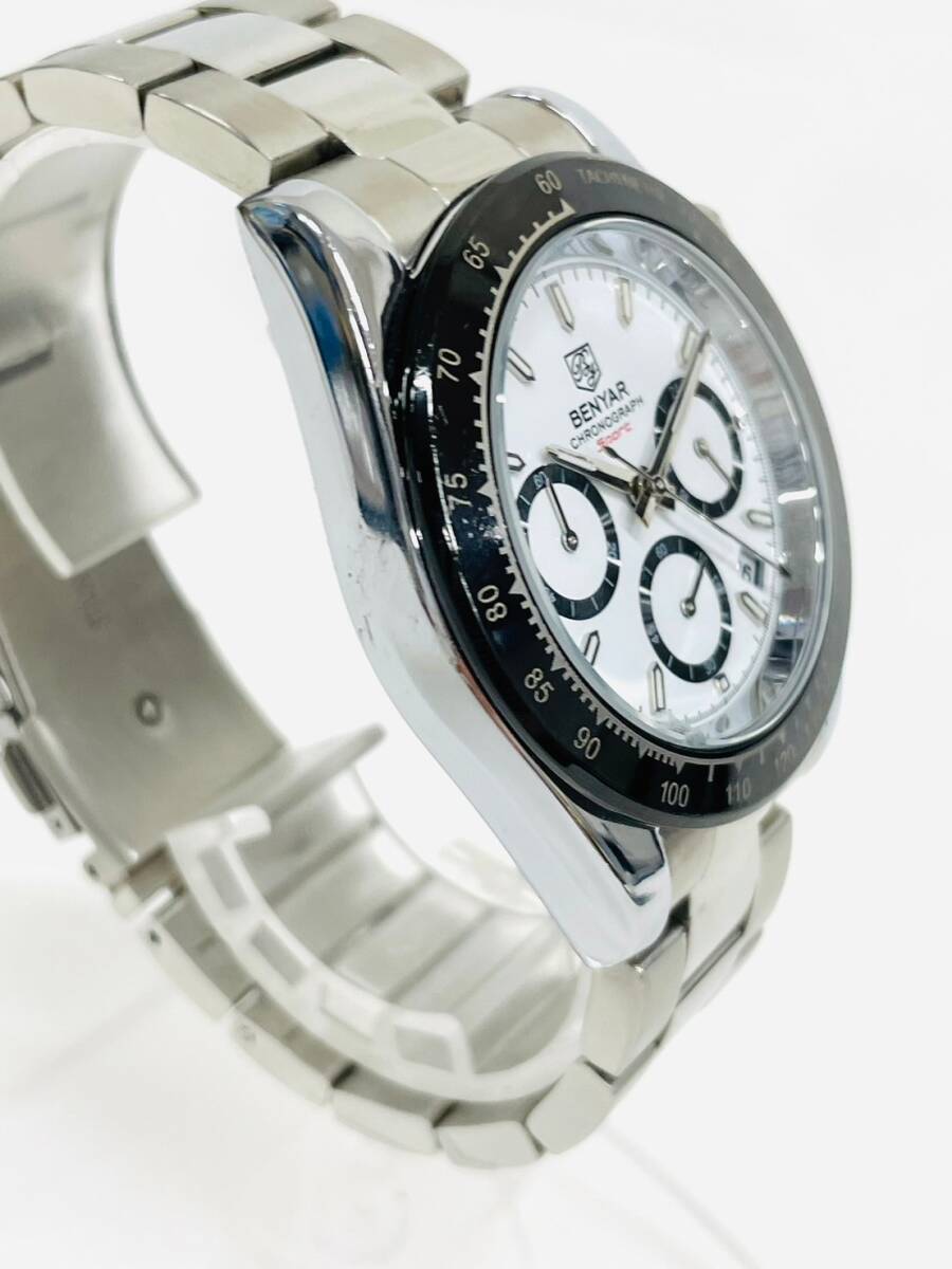 H782*1 稼働 BENYAR ベンヤー SPORT BY-5169M クロノグラフ クオーツ ホワイト文字盤 デイト メンズ 腕時計の画像3