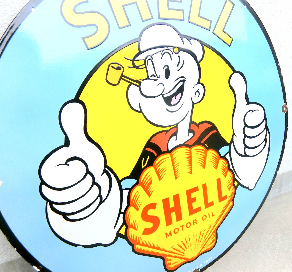 ★激レア ビンテージ ポパイ シェル SHELL ガソリン 大型看板 直径約76cm★1930s オイル アメ車 雑貨 販促品 ガレージ 倉庫 インテリア★_画像6