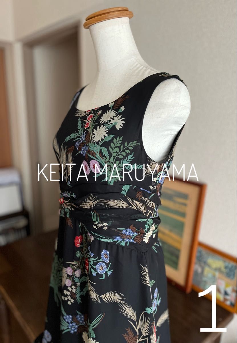 KEITA MARUYAMA ケイタマルヤマ　黒地　ボタニカル　和風　エキゾチック　シルクドレス　1号　S