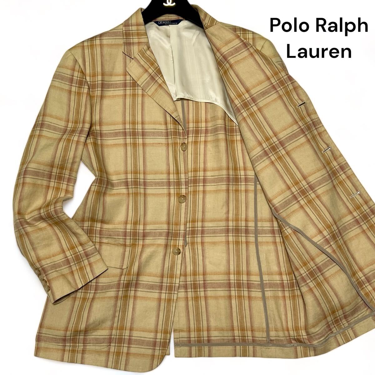 美麗品◎麻100% Lサイズ!!ポロラルフローレン【鮮やかなチェック柄】POLO RALPH LAUREN チェック ジャケット イエロー系 春夏 薄手◎メンズ_画像1