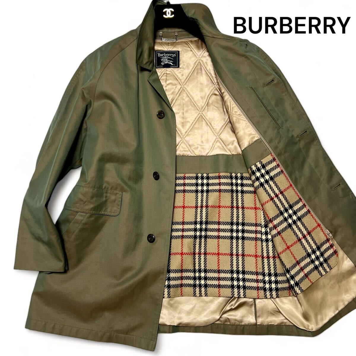 美麗品◎Lサイズ!!バーバリー【鮮やかな玉虫色】BURBERRY ノバチェック 比翼 ステンカラーコート ライナー キルティング カーキ◎メンズ_画像1