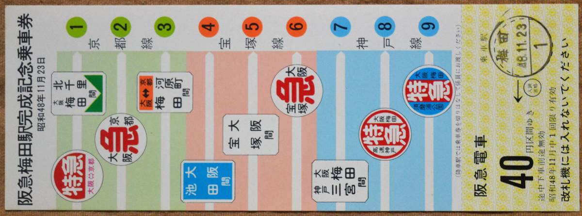 「阪急梅田駅 完成」記念乗車券 (1枚もの)*改札印:梅田(48.11.23)　1973_画像1