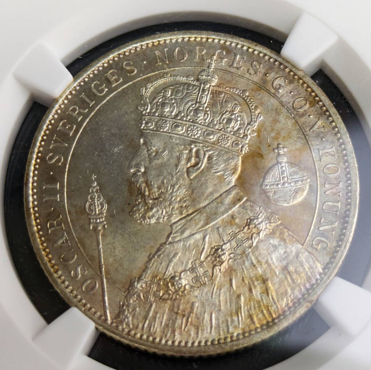 1円スタート★1897年 スウェーデン オスカル2世 治世25周年記念 銀貨 NGC MS64 アンティークコイン シルバー ジュビリー NGC_画像2